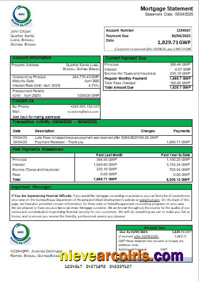 Guinea-Bissau Banco da Uniao bank mortgage statement
